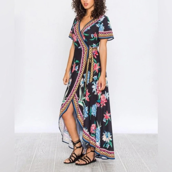 FLYING TOMATO Floral‎ Wrap Hi-Lo Dress in Black - Picture 2 of 10